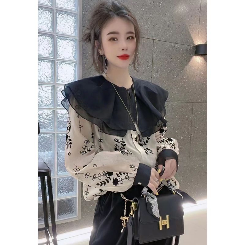 New French Spring Baby Doll Collar Printed Shirt Women's Shirt Niche Design Shirt Women