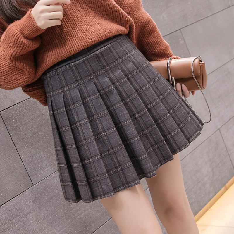 New autumn and winter woolen plaid pleated skirt for women high waist A-line skirt college style student