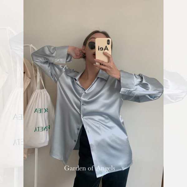 Shi Wei beautiful shell pearl luster blog owner loves fashionable high -end satin long -sleeved shirt drooping shirt