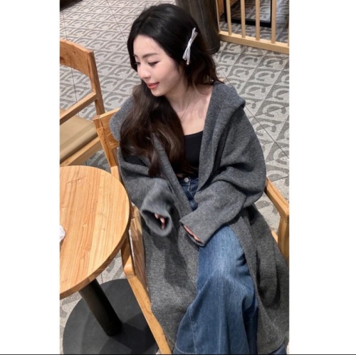 Korean lazy wind hooded long over -knee knitted cardigan female autumn and winter thick loose and thin jacket coat