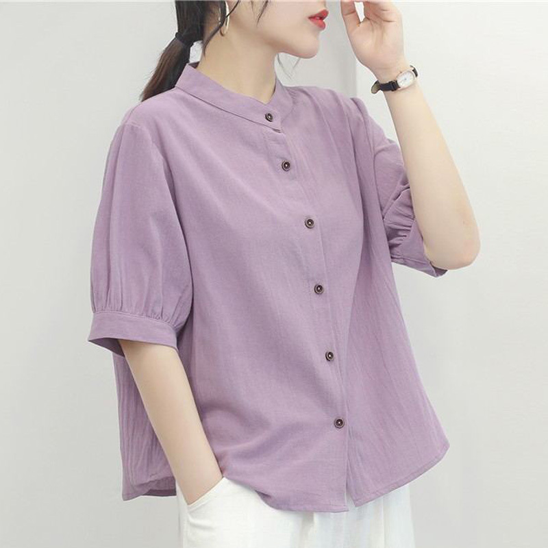 Cotton and linen summer shirts for women, lantern sleeves, retro literary tops, loose slimming mid-sleeve large size shirts for women