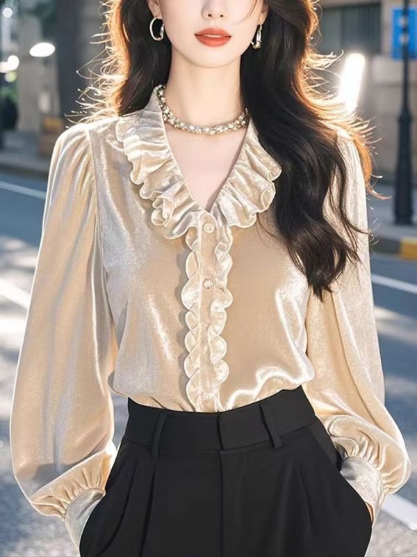 High-end ruffled V-neck apricot velvet shirt for women, new style autumn and winter style, age-reducing and slimming top