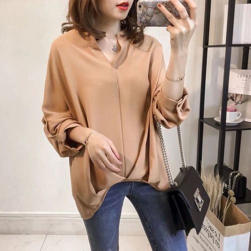 Autumn new Korean version of Korean loose large size bat sleeve shirt female long -sleeved jacket is simple and wild casual lining