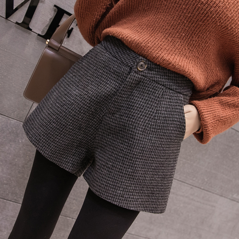Mao woolen short pants women autumn and winter new casual pants, thousands of birds, A -line wide -leg pants, high waist, thin, wearing boots and pants