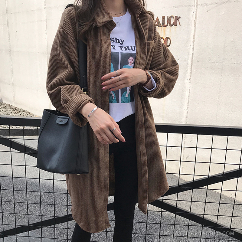 New Korean style retro Hong Kong style shirt women's design top mid-length corduroy shirt jacket