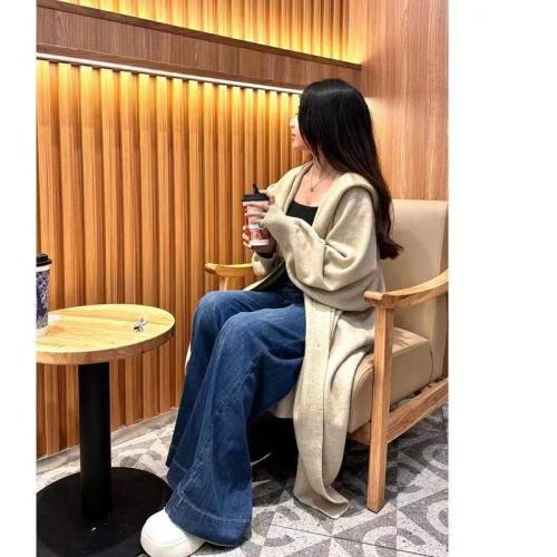 Korean lazy wind hooded long over -knee knitted cardigan female autumn and winter thick loose and thin jacket coat