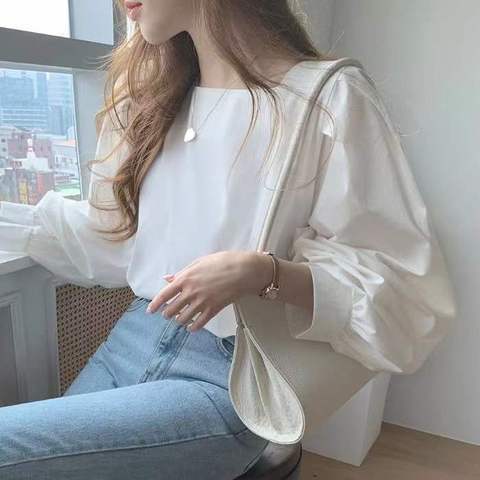 Shirt for women Korean style simple niche temperament bell sleeve shirt French style square collar loose solid color inner top