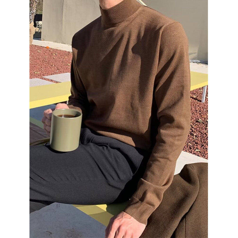 Tide brand simplicity solid color wild half -neck knit sweater