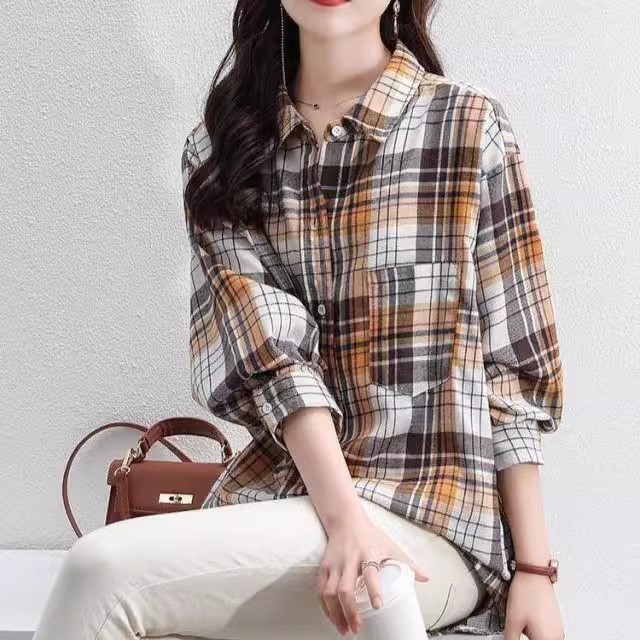 Plaid shirt women's long-sleeved Korean style spring and autumn brushed loose mid-length versatile layered tops and jackets