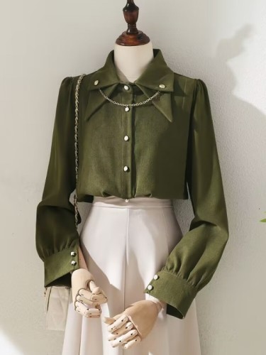 Brushed corduroy shirt women's autumn and winter new design chain retro long-sleeved shirt thickened bottoming top