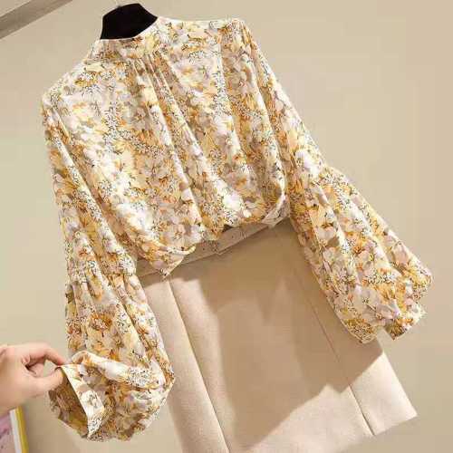 Quality Inspection Official Picture Floral Lantern Sleeve Chiffon Shirt New Niche Design Women's Fashionable Long Sleeve Stand Collar Top