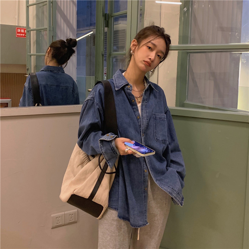 New versatile and thin retro water washing denim shirt female long -sleeved jacket
