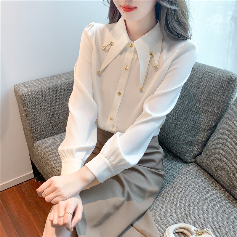 Spring French temperament is thin and pure color lapel chain nail nail long -sleeved chiffon shirt women's top