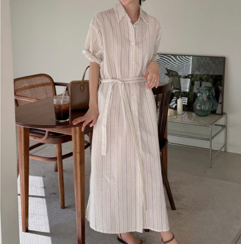 Size has been updated Korean chic simple POLO collar single breasted waist shirt dress
