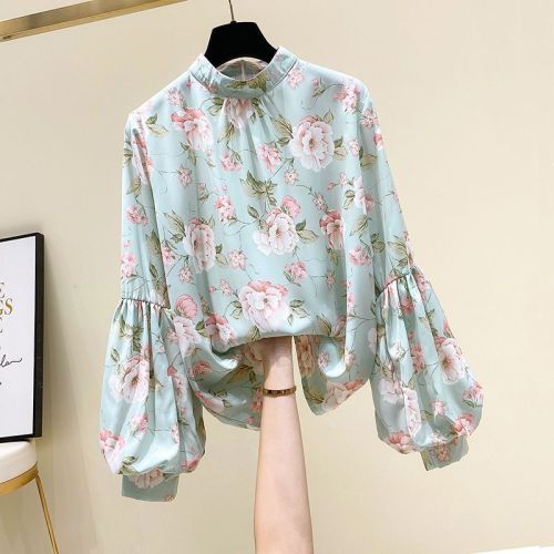 Quality Inspection Official Picture Floral Lantern Sleeve Chiffon Shirt New Niche Design Women's Fashionable Long Sleeve Stand Collar Top