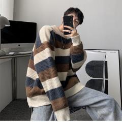 Contrast color striped crew neck sweater men's retro striped sweater bottoming shirt loose lazy style sweater
