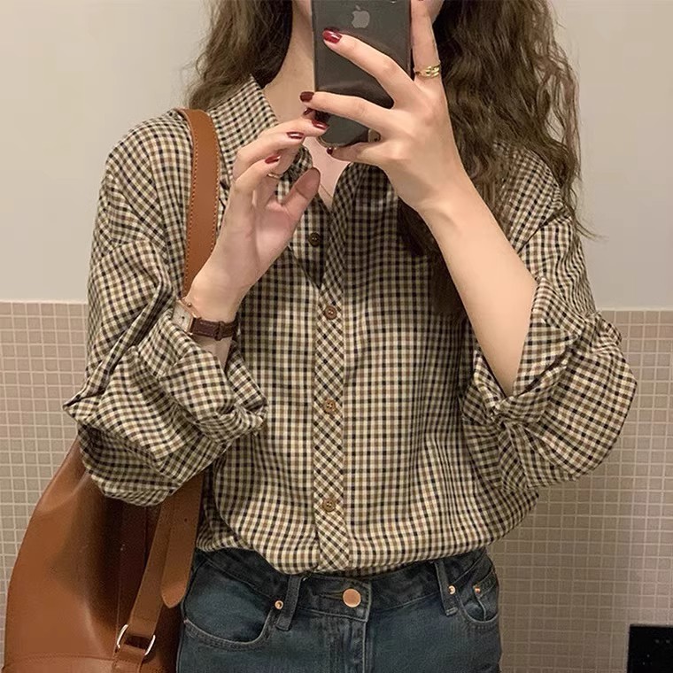 New French -style unique top Polo grid shirt female retro Hong Kong flavor design sense niche