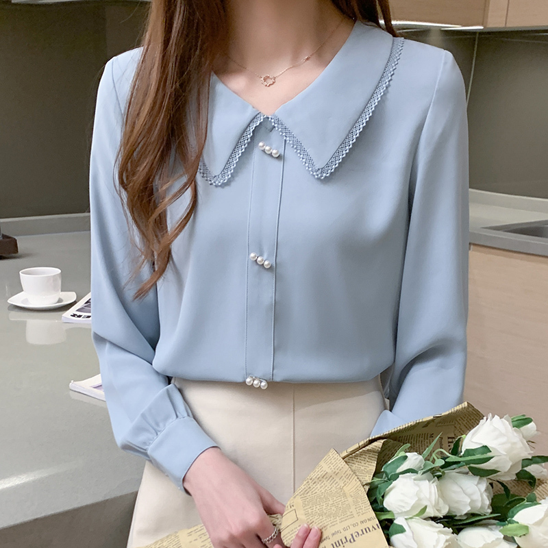 A large amount of spot shirts female fashion foreign doll collar French nail lace shirt long -sleeved chiffon shirt top