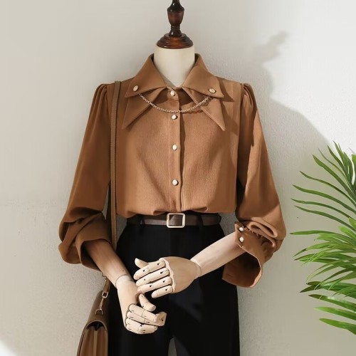 Brushed corduroy shirt women's autumn and winter new design chain retro long-sleeved shirt thickened bottoming top