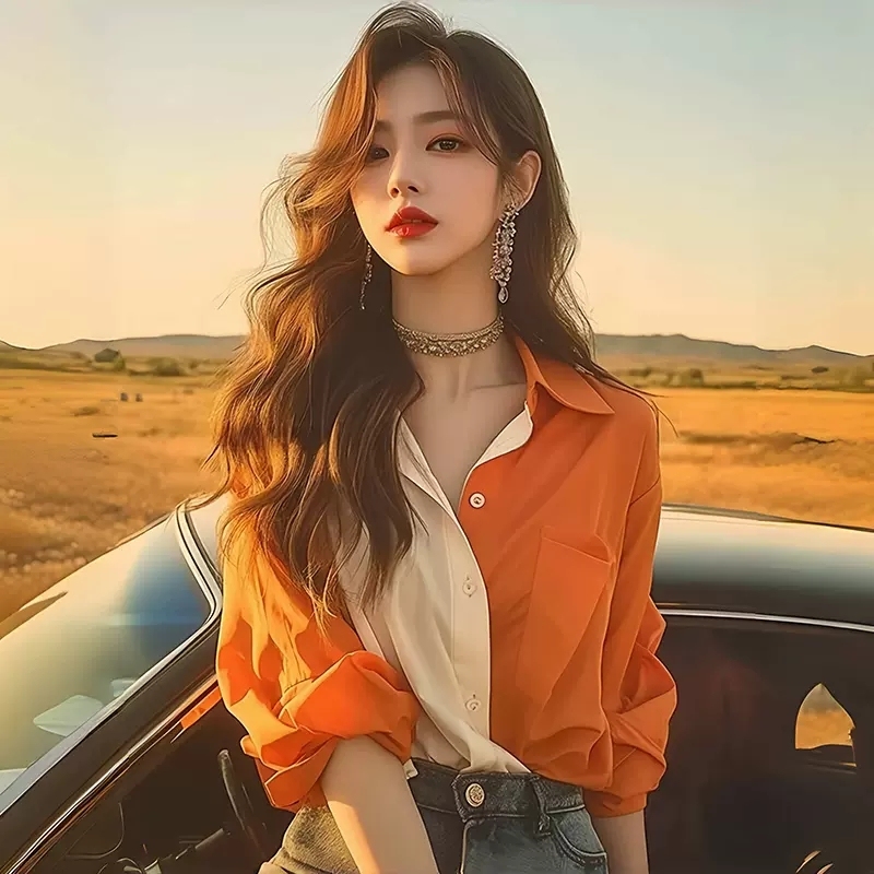 Dopamine color-blocked long-sleeved shirt, women's new light luxury, high-end, early autumn atmosphere wear top