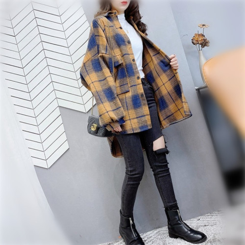  new spring plaid shirt female middle long new Korean version of the loose retro shirt jacket jacket