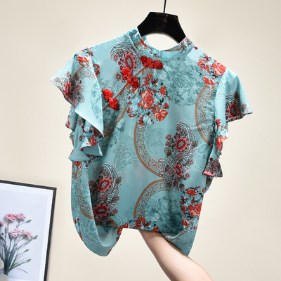 Summer new chiffon floral top female flying sleeve design sense niche retro plate buckle lotus leaf shirt