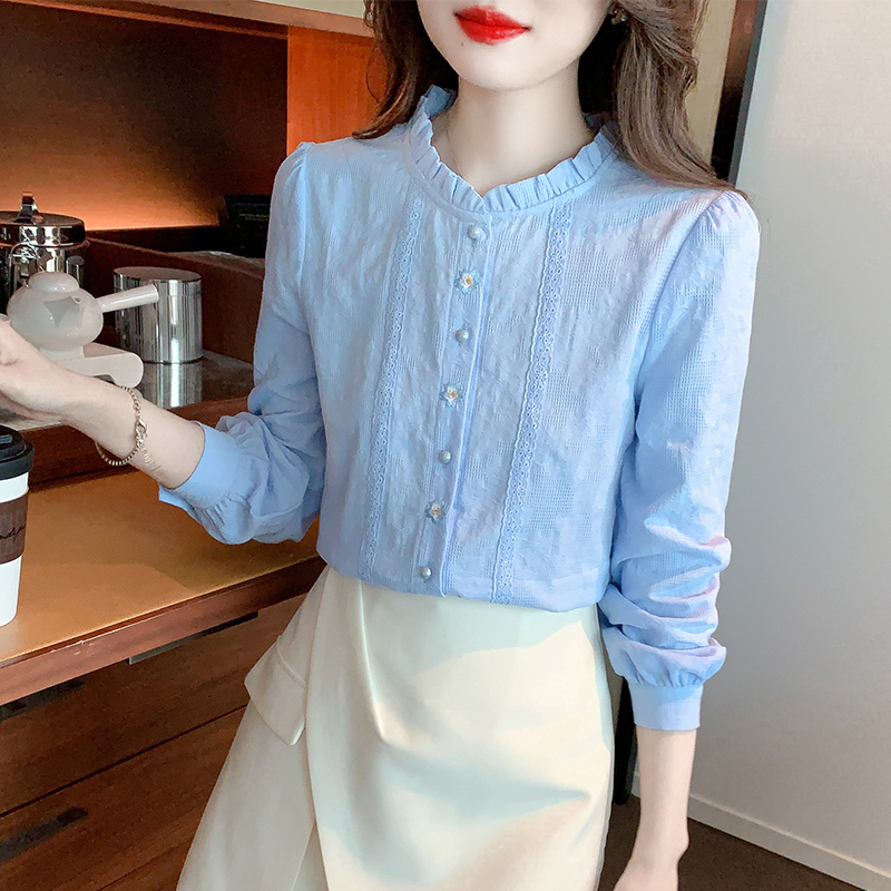 Blue Wind Bell Flower White Shirt Women's Long Sleeve New Wooden Ear Ling Literary Niche Stems Top