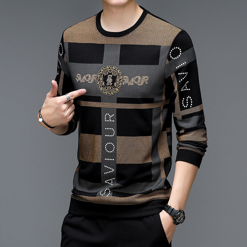 Spring and autumn men's long -sleeved sweater printing middle -aged bottom shirt long -sleeved T -shirt