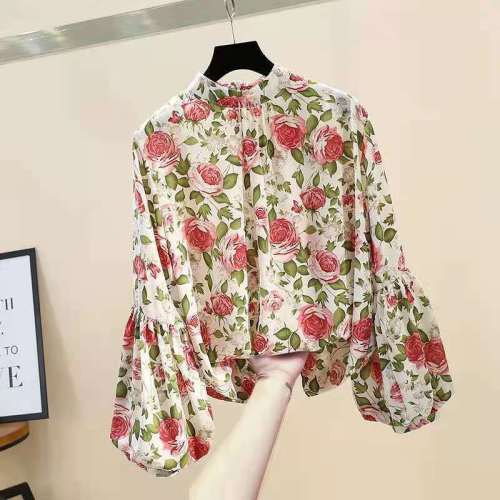 Quality Inspection Official Picture Floral Lantern Sleeve Chiffon Shirt New Niche Design Women's Fashionable Long Sleeve Stand Collar Top