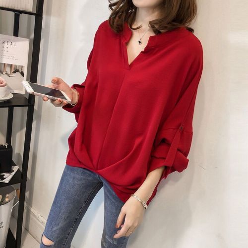 Autumn new Korean version of Korean loose large size bat sleeve shirt female long -sleeved jacket is simple and wild casual lining