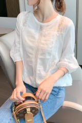 Chiffon top women's spring and summer new fashion lantern sleeve shirt loose lace bottoming belly-covering fashionable shirt