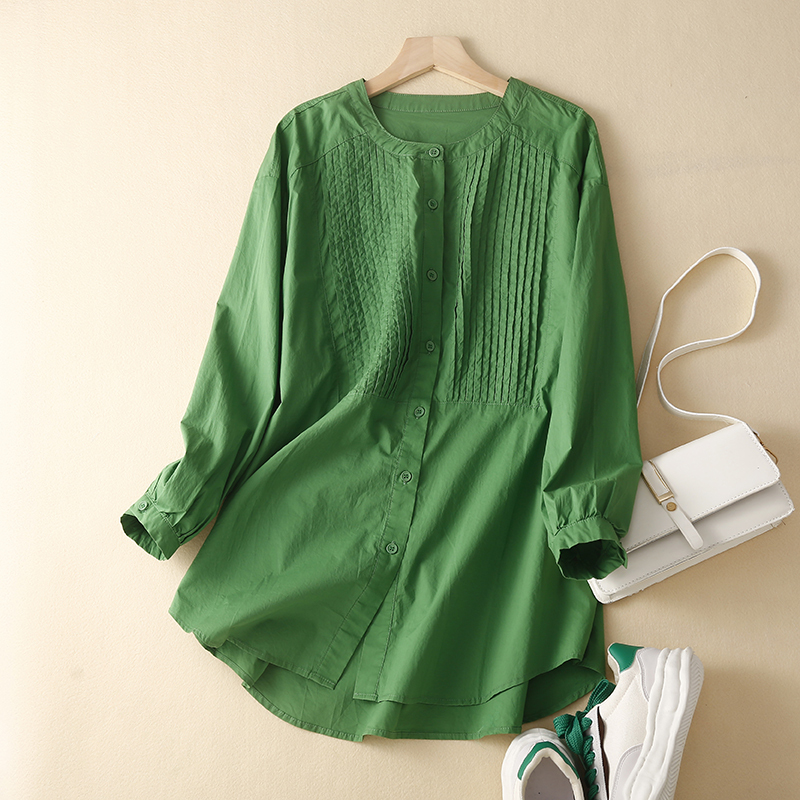 Retro simple chest pleated design stand collar shirt women's loose mid-length trendy top