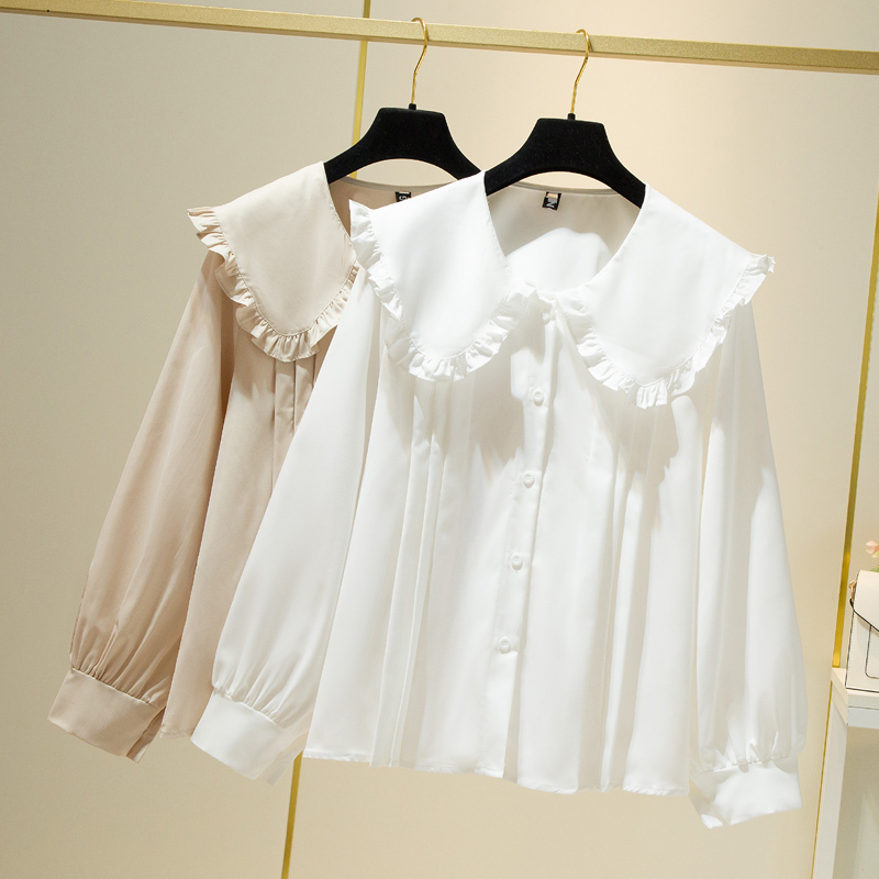 Spring and summer new large size women's fat MM fashion shirt ruffled long -sleeved bottom shirts thinner