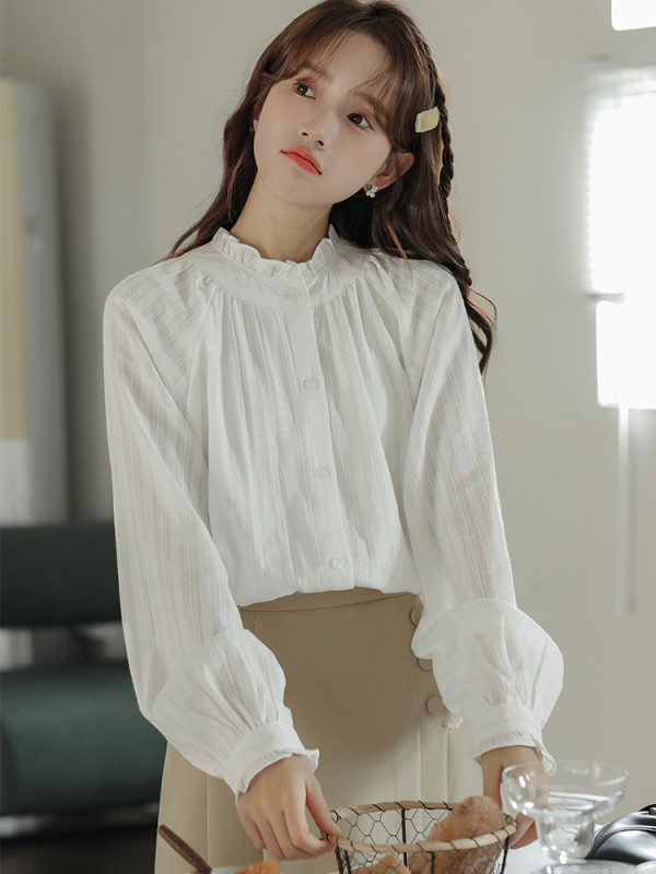 Spring new lotus leaf collar sweet loose chiffon pure color inner shirt shirt female
