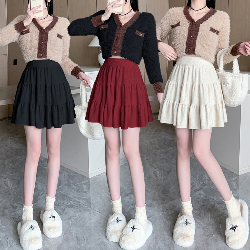 Knitted cake skirt skirt women's autumn and winter new soft glutinous temperament high -waisted wild A -line skirt
