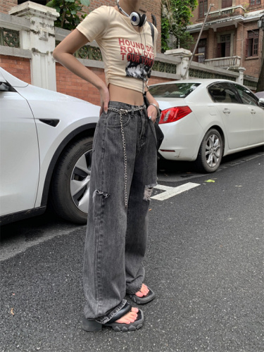 Sweet and pure desire, loose high waist, versatile jeans, street chain straight tube denim trousers tide