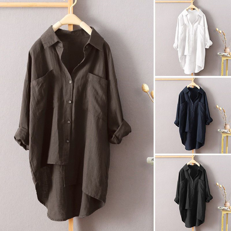 Popular foreign trade casual style solid color shirt autumn versatile new women's double pocket long-sleeved temperament top