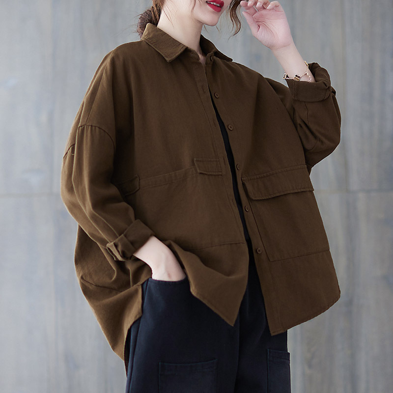 Spring women's clothing, literary loose large size retro irregular pocket wash cotton shirt top lazy jacket