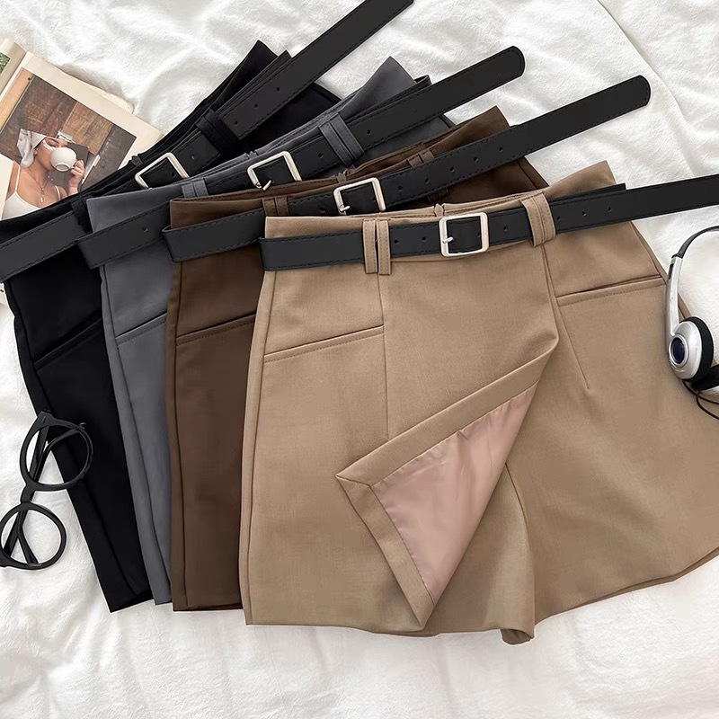Korean version of fashion versatile high -waisted high -waisted thin split suit short -legged wide -leg pants casual pants straight pants hot pants with leather belt