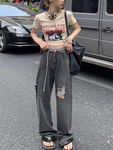 Sweet and pure desire, loose high waist, versatile jeans, street chain straight tube denim trousers tide
