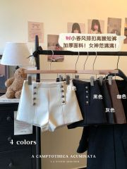 Hot autumn and winter retro woolen shorts women's versatile loose and thin double -row metal buckle bottom casual pants