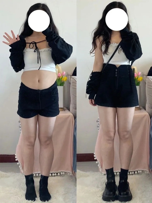 Black high -waisted denim shorts, female summer thin size, big size fat mm, thin covered belly, stretch A -line hot pants