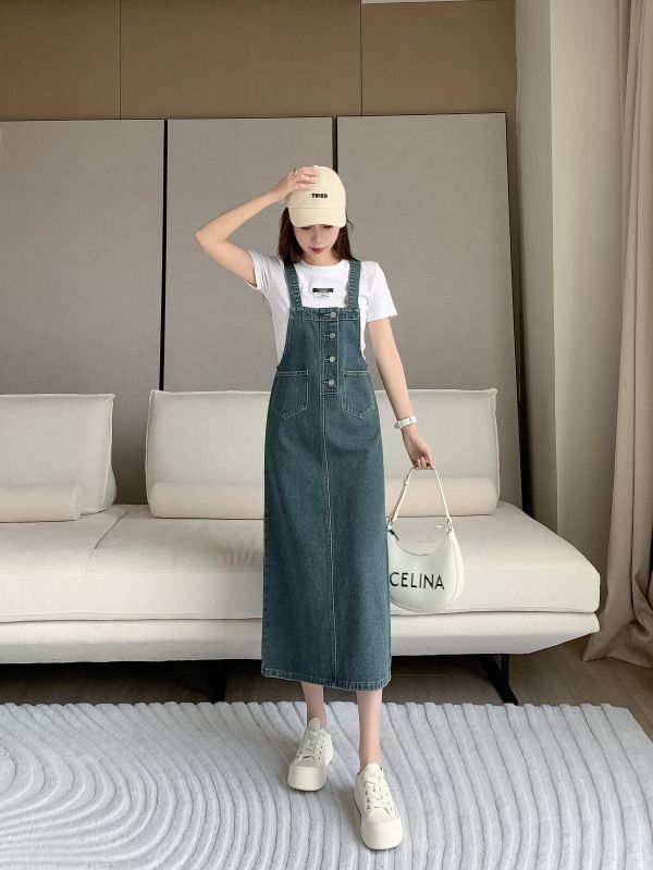 Loose leisure wild denim strap skirt long skirt women