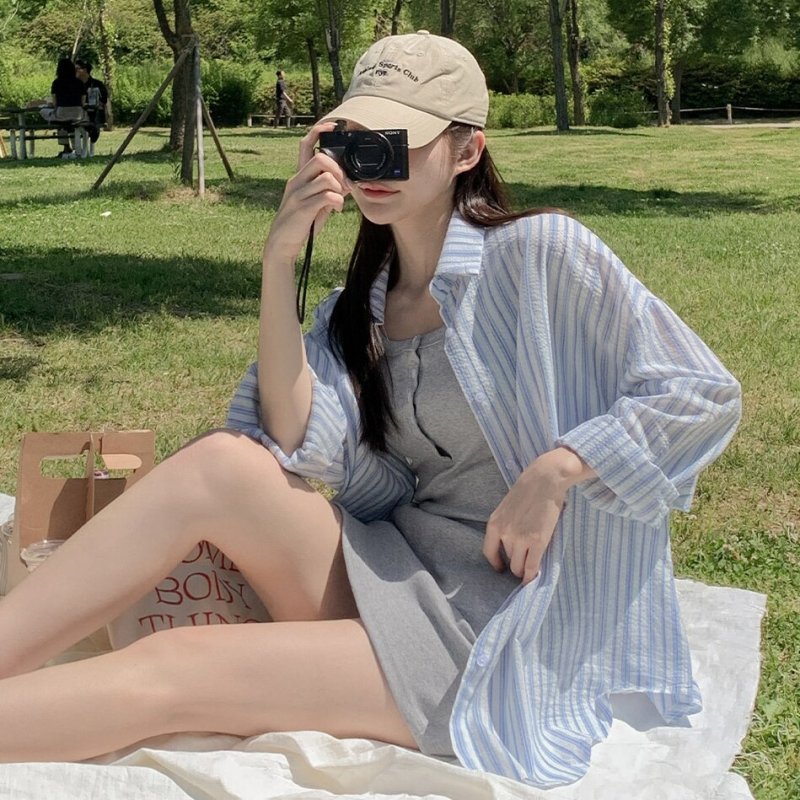 South Korean Chic sunscreen jacket loose shirt simple stripe long -sleeved shirt new summer