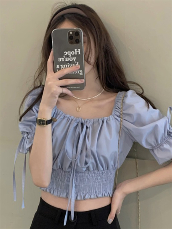 Korean version of Fang Ling Method Clazy Clavicle Shirt Bubble Bubble Short Sleeve High Urname Short Top