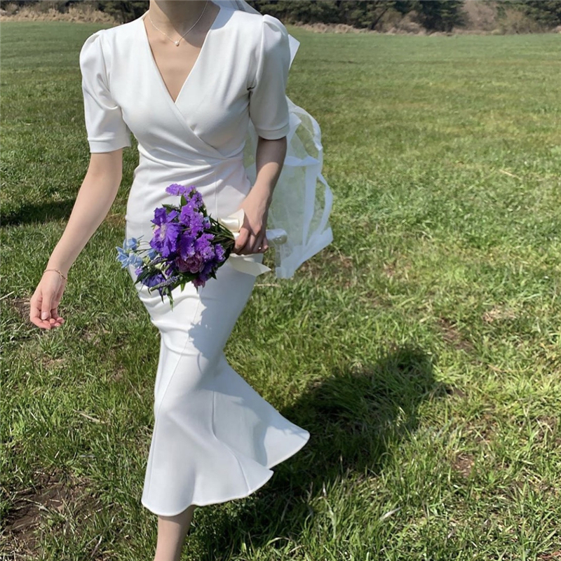 Korea summer ins, Wind V -neck Be careful of French elegant female medium long dress female