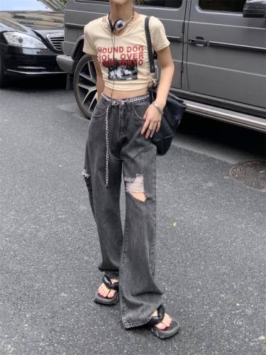 Sweet and pure desire, loose high waist, versatile jeans, street chain straight tube denim trousers tide