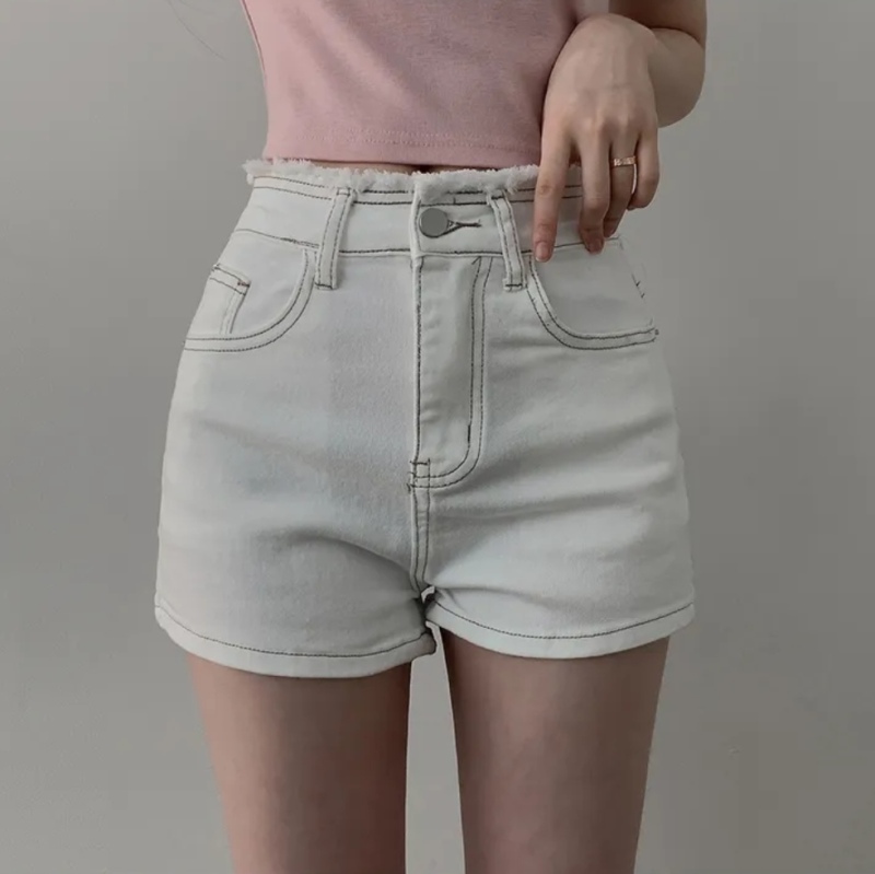 South Korea Chic reduction, thin waist, high -waist denim shorts, female bow embroidery hair edges straight hot pants tide
