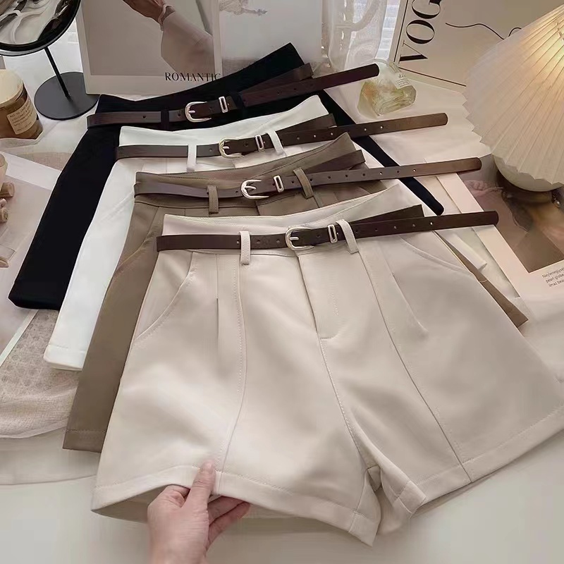 Spring and summer new Korean casual shorts retro Hong Kong flavor simple outside wearing high -waisted A -line wide -leg pants