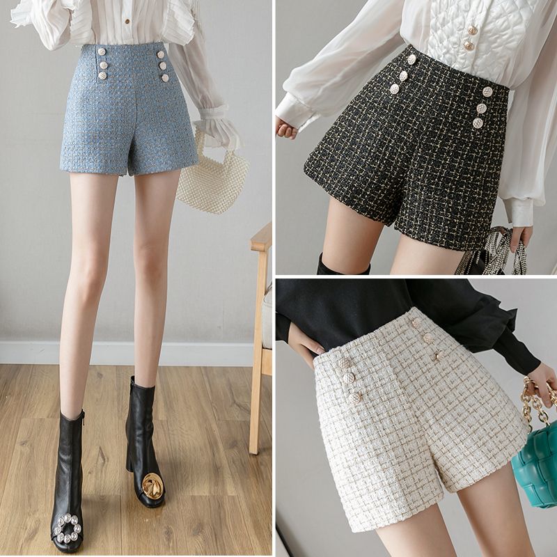 Autumn and winter high -waisted small incense style, wide -leg shorts, women's thin students, students versatile A -line casual pants
